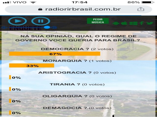 RADIO RIR BRASIL FAZ ENQUETE PARA SABER QUAL O REGIME DE GOVERNO VOCE QUER PARA O BRASIL ATUALMENTE 