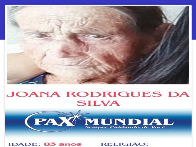 MORREU AOS 83 ANOS DE IDADE DONA  JOANA RODRIGUES DA SILVA EM ITAPURANGA