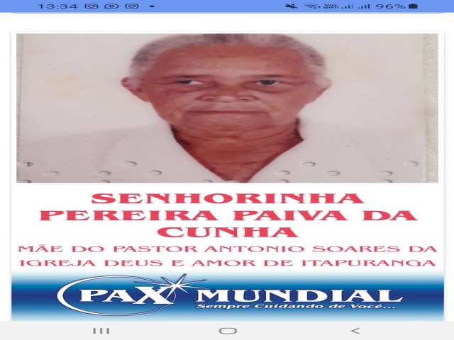 MORREU A SENHORINHA  PEREIRA PAIVA DA CUNHA EM ITAPURANGA