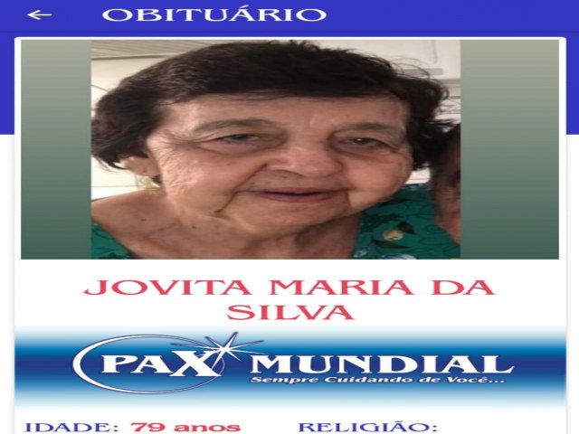 MORREU AOS 79 ANOS SENHORA JOVITA MARIA DA SILVA EM ITAPURANGA