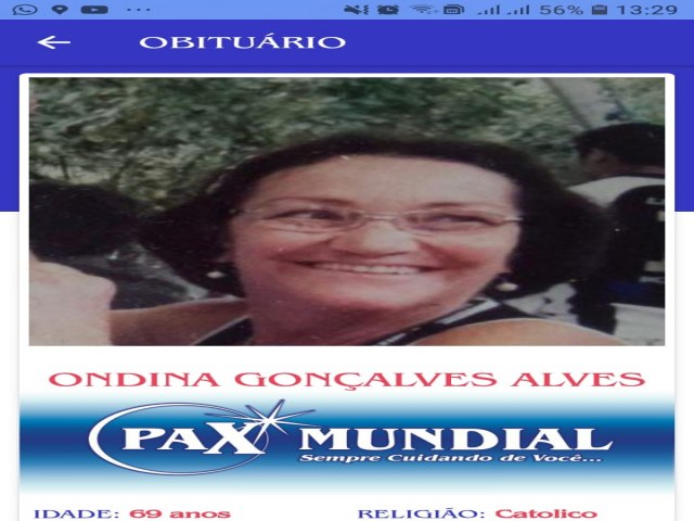 Morreu hoje em Itapuranga  aos 69 anos a Senhora Ondina  Gonalves Alves   