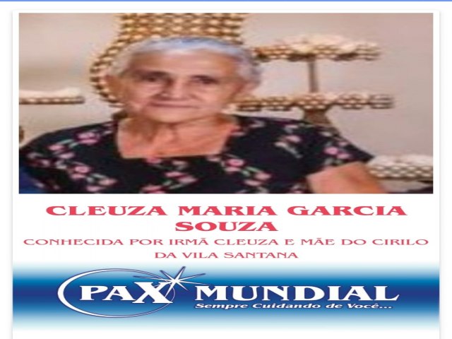 MORREU AOS 65  ANOS DE IDADE  DONA CLEUZA MARIA  GARCIA  DE SOUZA EM ITAPURANGA  CONHECIDA COMO IRMA CLEUZA  .