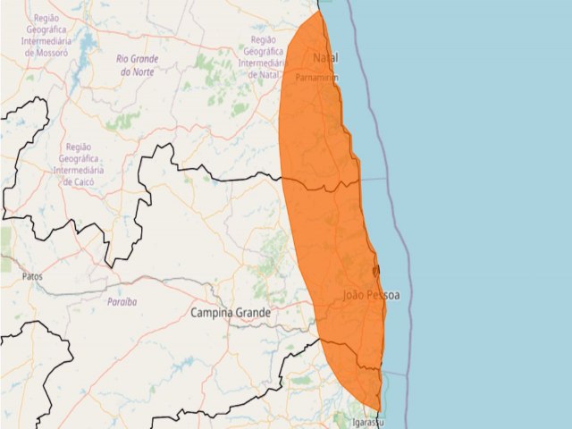 Alerta laranja para parte da Paraba, Rio Grande do Norte e Pernambuco