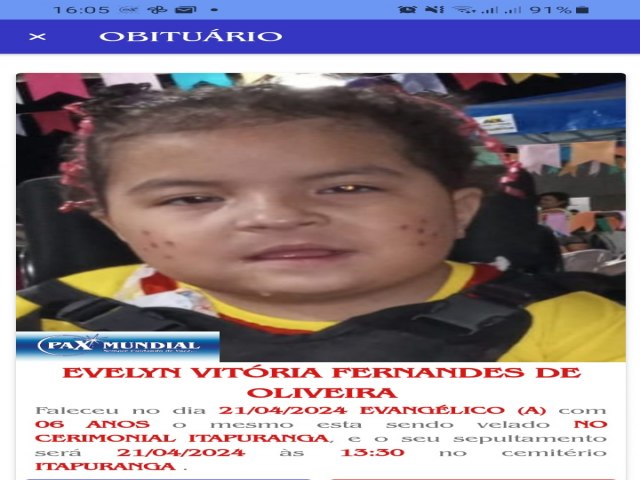 MORREU AOS 6 ANOS A EVELYN VITRIA FERNANDES EM ITAPURANGA GOIS 