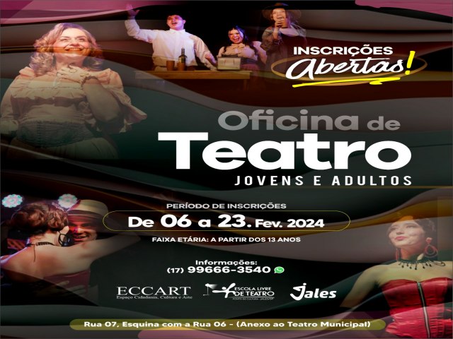 Ponto de Cultura Escola Livre de Teatro de Jales est com inscries abertas para Oficinas de Teatro, para crianas de 7 a 12 anos e Oficinas de Teatro