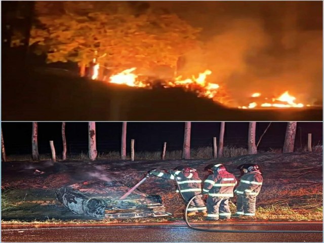 Carro capota e pega fogo na vicinal prximo a Dirce Reis