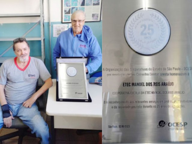 Cooperativa-Escola da Etec Manoel dos Reis Arajo recebe placa de organizao estadual em homenagem aos 25 anos de existncia