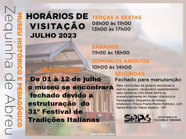 Prefeitura Municipal divulga horrios de visitao do Museu Histrico e Pedaggico Zequinha de Abreu para o ms de julho