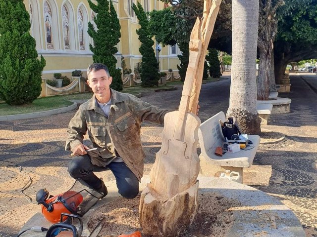 Artista santa-ritense transforma tronco de rvore em obra de arte na Praa Zequinha de Abreu