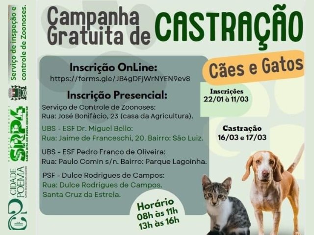 Campanha Gratuita de Castrao de Ces e Gatos que ser realizada em maro est com as inscries abertas