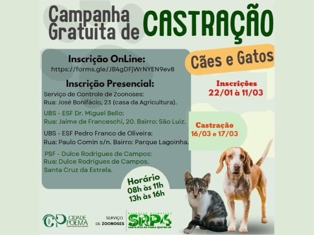 Inscries abertas para a Campanha de Castrao de ces e gatos 