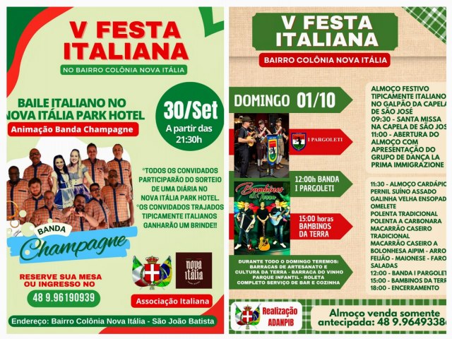 Ateno Colnias Italianos da Regio, do Estado e do Brasil, vem ai a V Festa Italiana no Bairro Colnia Nova Itlia