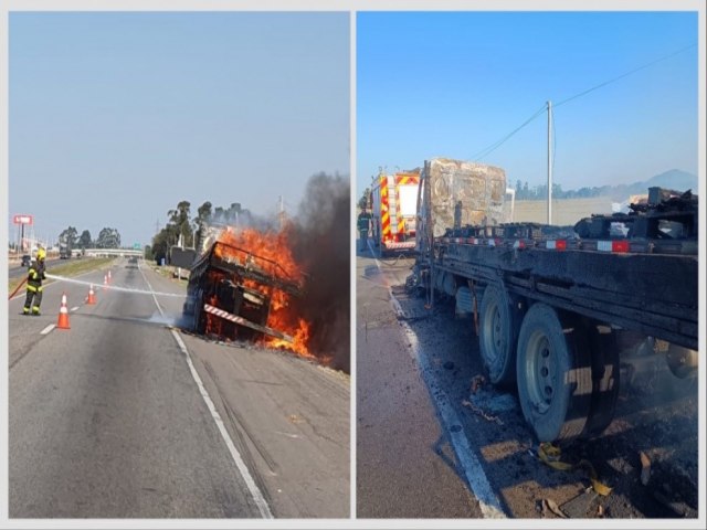 Carreta pega fogo e causa congestionamento na BR-101