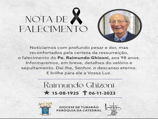 Diocese de Tubaro comunica o falecimento do Pe. Raimundo Ghizoni