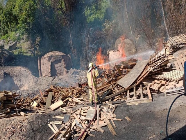 Inc�ndio atinge estoque de madeira em f�brica de carv�o